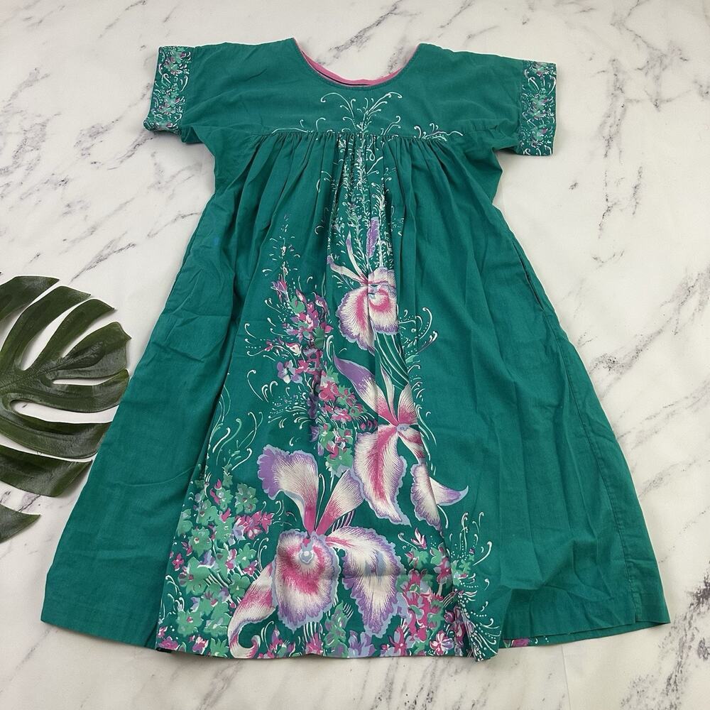 Sabrina Womens Vintage 80s House Dress Muumuu Size S Green Pink Floral Orchids
